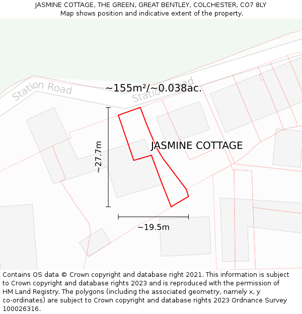 JASMINE COTTAGE, THE GREEN, GREAT BENTLEY, COLCHESTER, CO7 8LY: Plot and title map