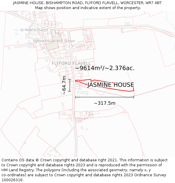 JASMINE HOUSE, BISHAMPTON ROAD, FLYFORD FLAVELL, WORCESTER, WR7 4BT: Plot and title map