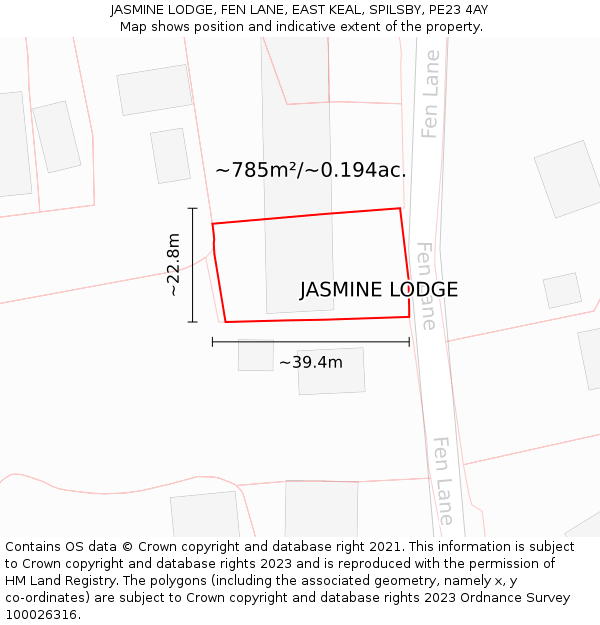 JASMINE LODGE, FEN LANE, EAST KEAL, SPILSBY, PE23 4AY: Plot and title map