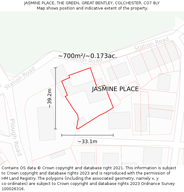 JASMINE PLACE, THE GREEN, GREAT BENTLEY, COLCHESTER, CO7 8LY: Plot and title map