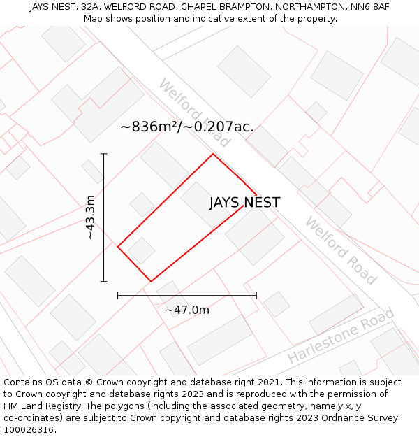 JAYS NEST, 32A, WELFORD ROAD, CHAPEL BRAMPTON, NORTHAMPTON, NN6 8AF: Plot and title map