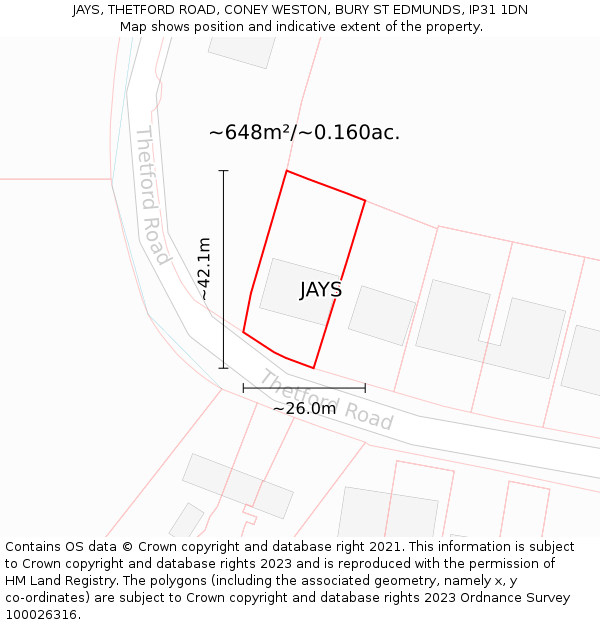 JAYS, THETFORD ROAD, CONEY WESTON, BURY ST EDMUNDS, IP31 1DN: Plot and title map