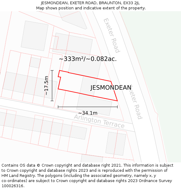 JESMONDEAN, EXETER ROAD, BRAUNTON, EX33 2JL: Plot and title map