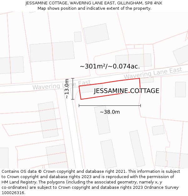 JESSAMINE COTTAGE, WAVERING LANE EAST, GILLINGHAM, SP8 4NX: Plot and title map