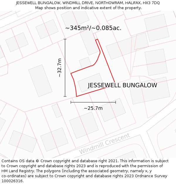 JESSEWELL BUNGALOW, WINDMILL DRIVE, NORTHOWRAM, HALIFAX, HX3 7DQ: Plot and title map