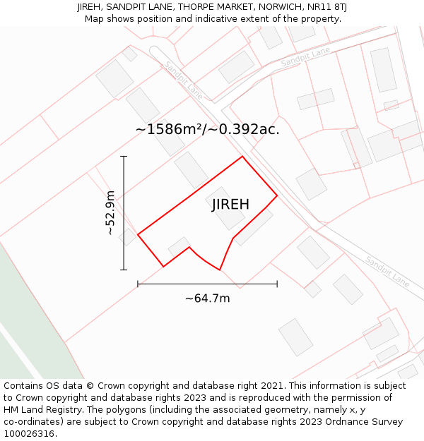 JIREH, SANDPIT LANE, THORPE MARKET, NORWICH, NR11 8TJ: Plot and title map