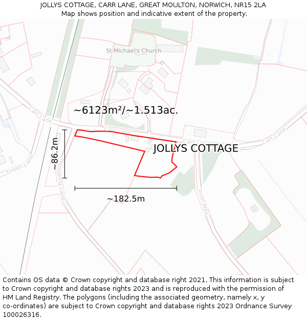 JOLLYS COTTAGE, CARR LANE, GREAT MOULTON, NORWICH, NR15 2LA: Plot and title map