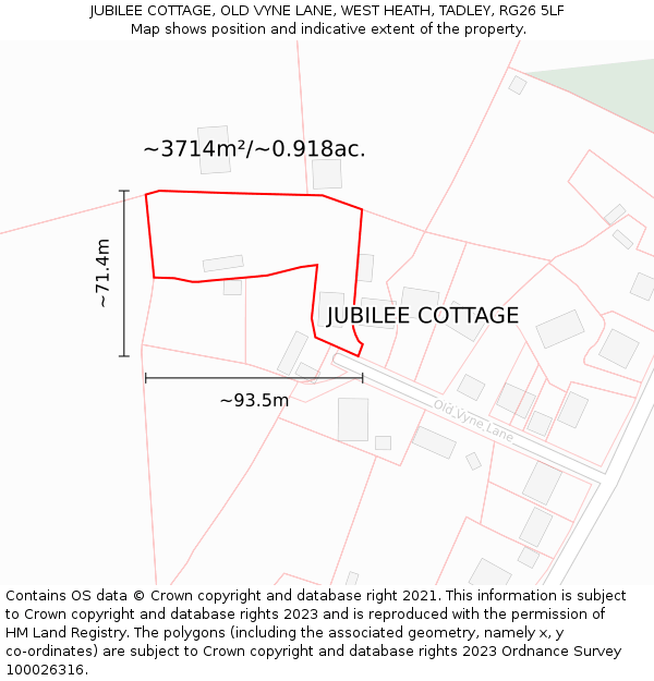 JUBILEE COTTAGE, OLD VYNE LANE, WEST HEATH, TADLEY, RG26 5LF: Plot and title map