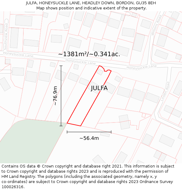 JULFA, HONEYSUCKLE LANE, HEADLEY DOWN, BORDON, GU35 8EH: Plot and title map