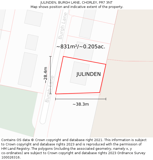 JULINDEN, BURGH LANE, CHORLEY, PR7 3NT: Plot and title map