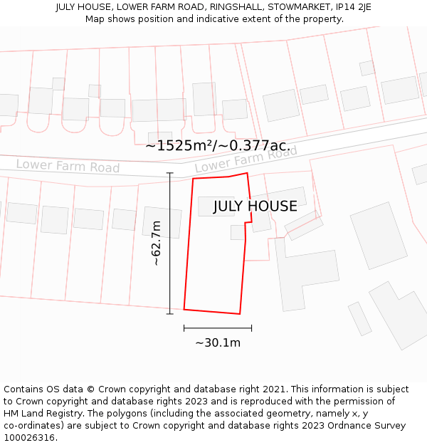 JULY HOUSE, LOWER FARM ROAD, RINGSHALL, STOWMARKET, IP14 2JE: Plot and title map
