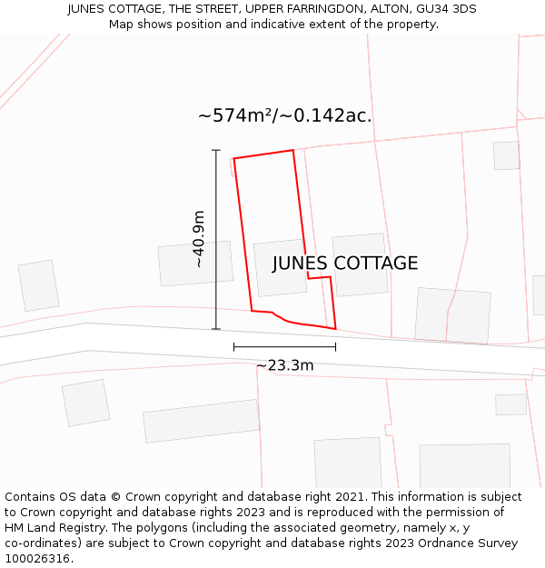 JUNES COTTAGE, THE STREET, UPPER FARRINGDON, ALTON, GU34 3DS: Plot and title map