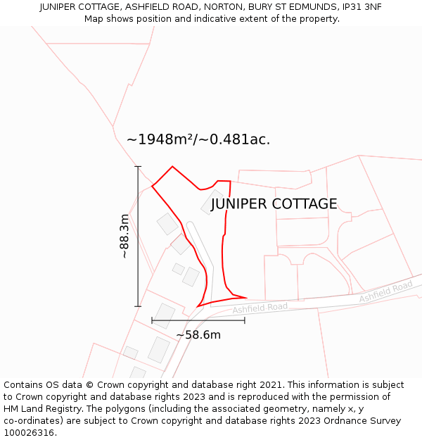 JUNIPER COTTAGE, ASHFIELD ROAD, NORTON, BURY ST EDMUNDS, IP31 3NF: Plot and title map