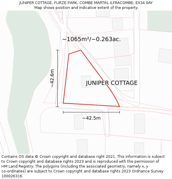 JUNIPER COTTAGE, FURZE PARK, COMBE MARTIN, ILFRACOMBE, EX34 0AY: Plot and title map