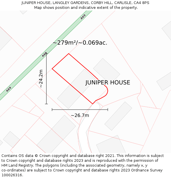 JUNIPER HOUSE, LANGLEY GARDENS, CORBY HILL, CARLISLE, CA4 8PS: Plot and title map