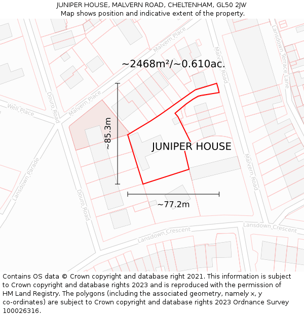 JUNIPER HOUSE, MALVERN ROAD, CHELTENHAM, GL50 2JW: Plot and title map
