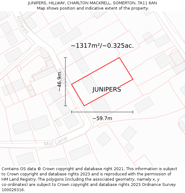 JUNIPERS, HILLWAY, CHARLTON MACKRELL, SOMERTON, TA11 6AN: Plot and title map