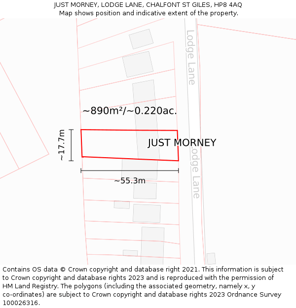 JUST MORNEY, LODGE LANE, CHALFONT ST GILES, HP8 4AQ: Plot and title map