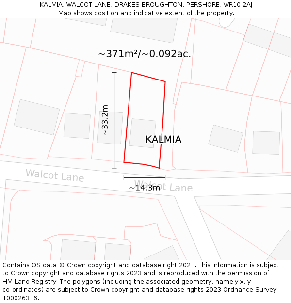 KALMIA, WALCOT LANE, DRAKES BROUGHTON, PERSHORE, WR10 2AJ: Plot and title map