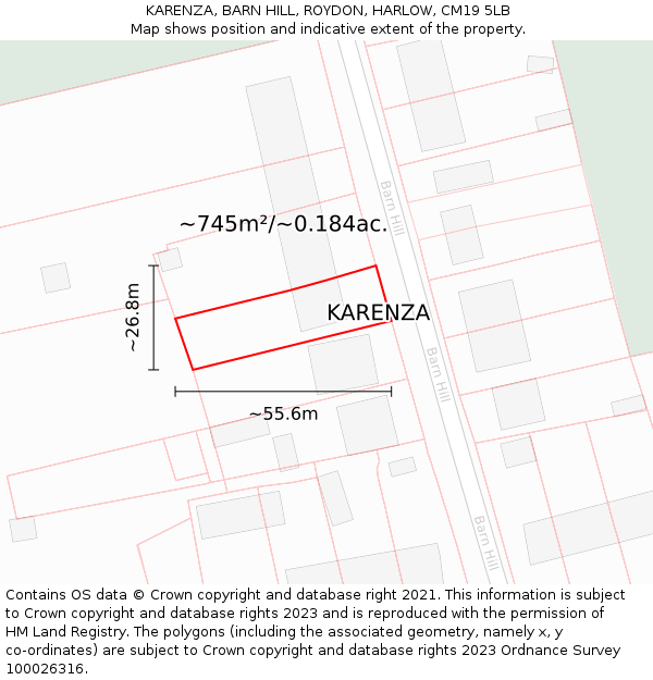 KARENZA, BARN HILL, ROYDON, HARLOW, CM19 5LB: Plot and title map