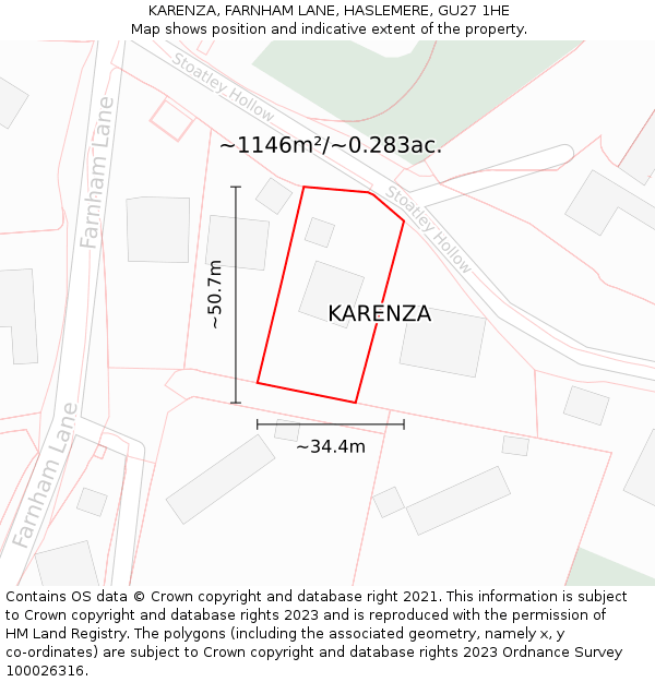 KARENZA, FARNHAM LANE, HASLEMERE, GU27 1HE: Plot and title map