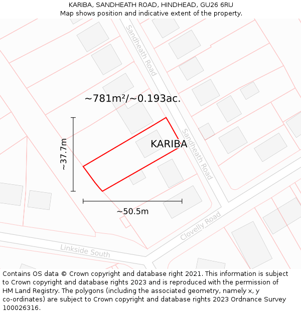 KARIBA, SANDHEATH ROAD, HINDHEAD, GU26 6RU: Plot and title map
