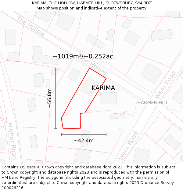 KARIMA, THE HOLLOW, HARMER HILL, SHREWSBURY, SY4 3BZ: Plot and title map