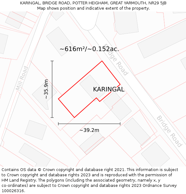 KARINGAL, BRIDGE ROAD, POTTER HEIGHAM, GREAT YARMOUTH, NR29 5JB: Plot and title map