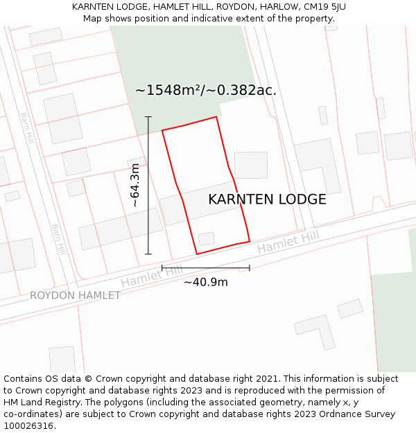 KARNTEN LODGE, HAMLET HILL, ROYDON, HARLOW, CM19 5JU: Plot and title map