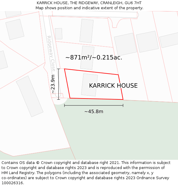 KARRICK HOUSE, THE RIDGEWAY, CRANLEIGH, GU6 7HT: Plot and title map