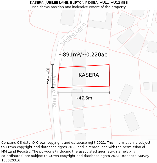 KASERA, JUBILEE LANE, BURTON PIDSEA, HULL, HU12 9BE: Plot and title map