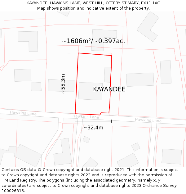 KAYANDEE, HAWKINS LANE, WEST HILL, OTTERY ST MARY, EX11 1XG: Plot and title map