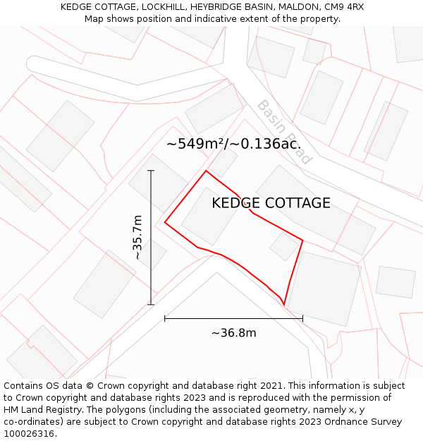 KEDGE COTTAGE, LOCKHILL, HEYBRIDGE BASIN, MALDON, CM9 4RX: Plot and title map
