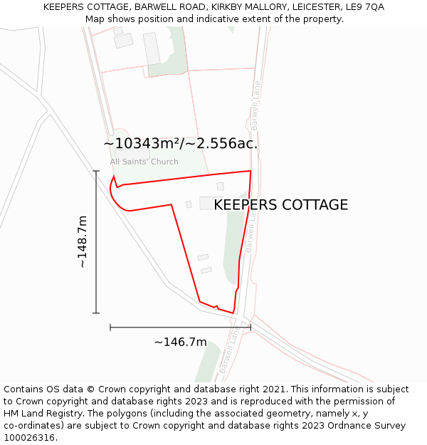 KEEPERS COTTAGE, BARWELL ROAD, KIRKBY MALLORY, LEICESTER, LE9 7QA: Plot and title map