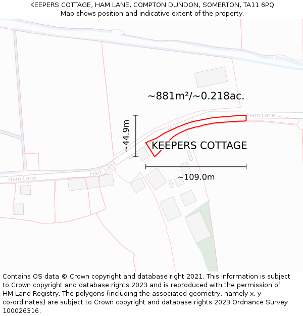 KEEPERS COTTAGE, HAM LANE, COMPTON DUNDON, SOMERTON, TA11 6PQ: Plot and title map