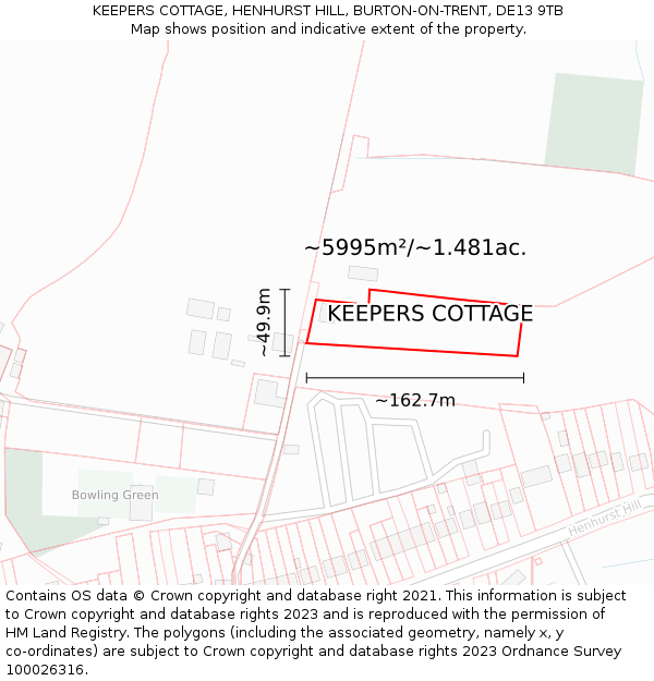 KEEPERS COTTAGE, HENHURST HILL, BURTON-ON-TRENT, DE13 9TB: Plot and title map