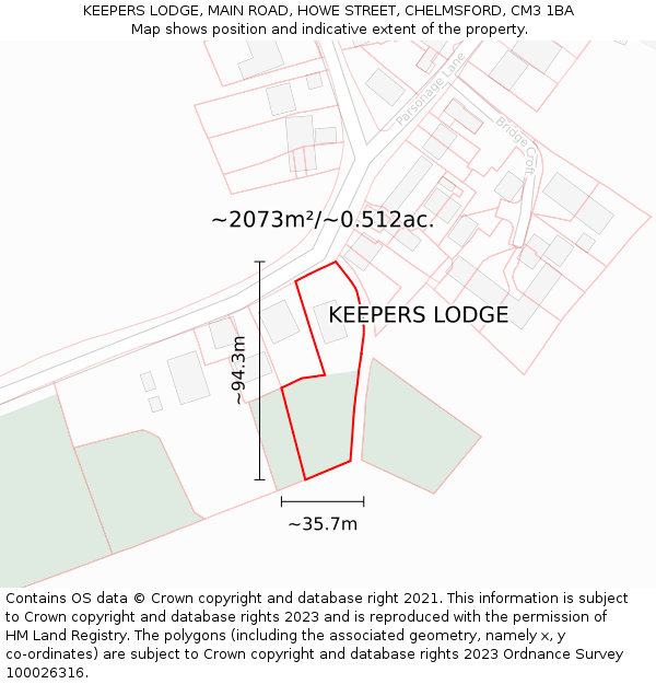 KEEPERS LODGE, MAIN ROAD, HOWE STREET, CHELMSFORD, CM3 1BA: Plot and title map