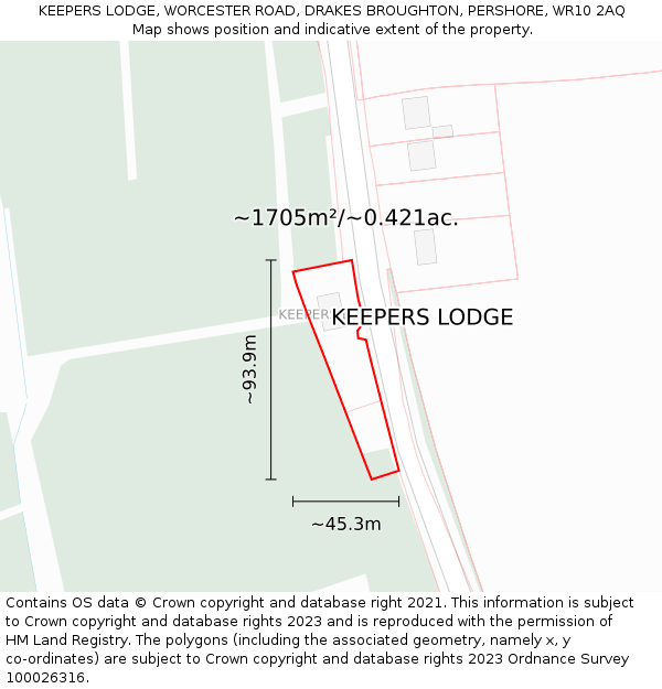 KEEPERS LODGE, WORCESTER ROAD, DRAKES BROUGHTON, PERSHORE, WR10 2AQ: Plot and title map