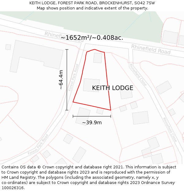 KEITH LODGE, FOREST PARK ROAD, BROCKENHURST, SO42 7SW: Plot and title map