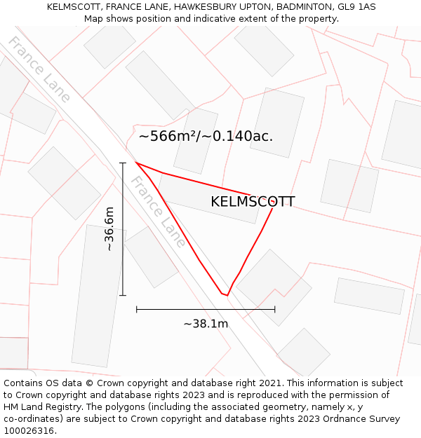 KELMSCOTT, FRANCE LANE, HAWKESBURY UPTON, BADMINTON, GL9 1AS: Plot and title map