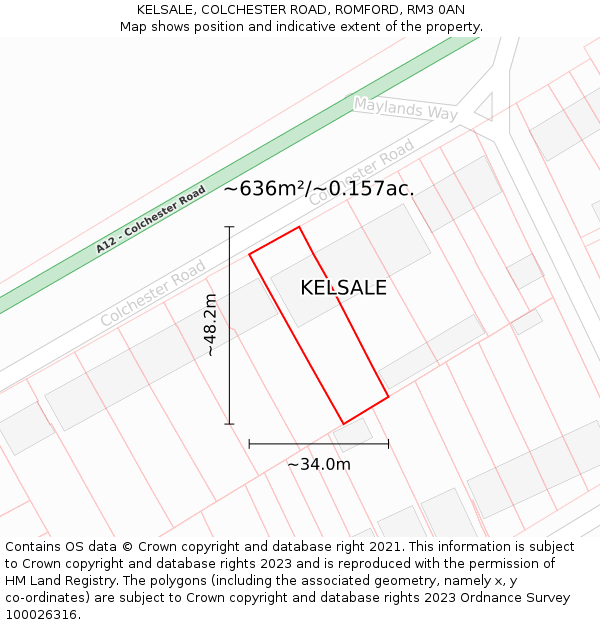 KELSALE, COLCHESTER ROAD, ROMFORD, RM3 0AN: Plot and title map