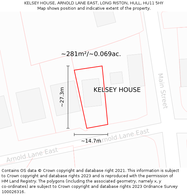 KELSEY HOUSE, ARNOLD LANE EAST, LONG RISTON, HULL, HU11 5HY: Plot and title map