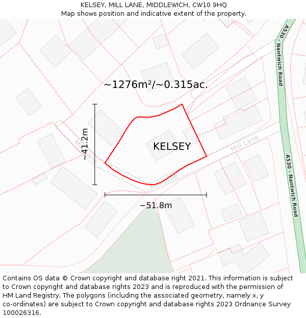 KELSEY, MILL LANE, MIDDLEWICH, CW10 9HQ: Plot and title map