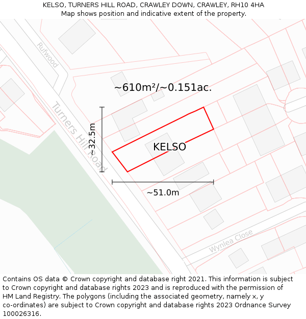 KELSO, TURNERS HILL ROAD, CRAWLEY DOWN, CRAWLEY, RH10 4HA: Plot and title map