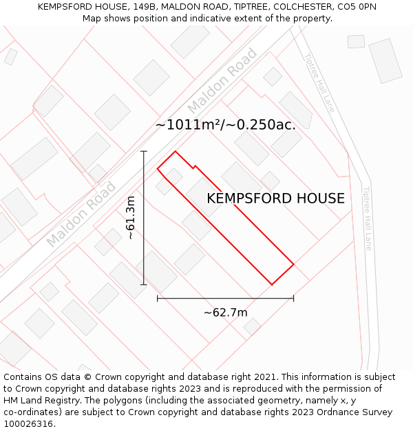 KEMPSFORD HOUSE, 149B, MALDON ROAD, TIPTREE, COLCHESTER, CO5 0PN: Plot and title map