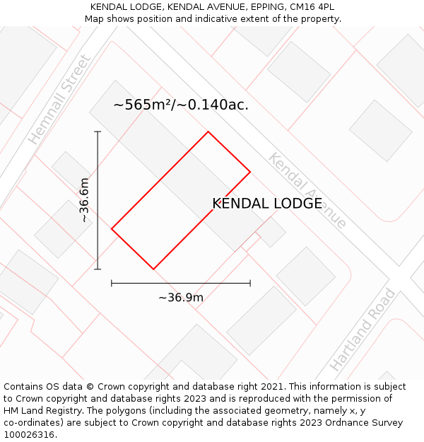 KENDAL LODGE, KENDAL AVENUE, EPPING, CM16 4PL: Plot and title map