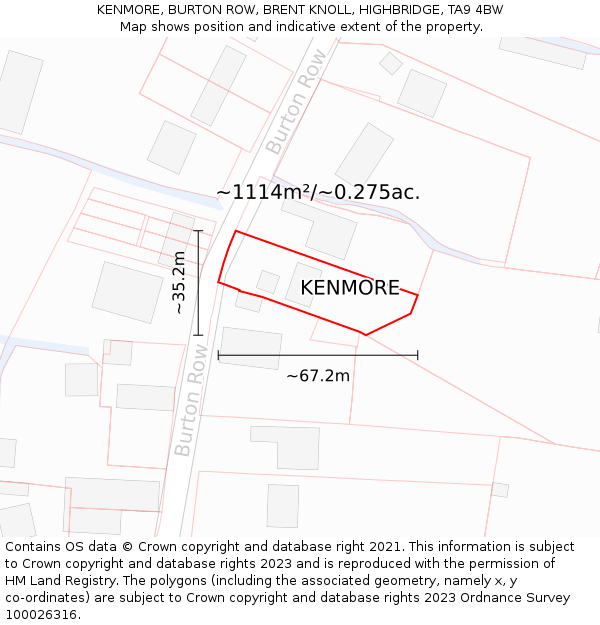 KENMORE, BURTON ROW, BRENT KNOLL, HIGHBRIDGE, TA9 4BW: Plot and title map