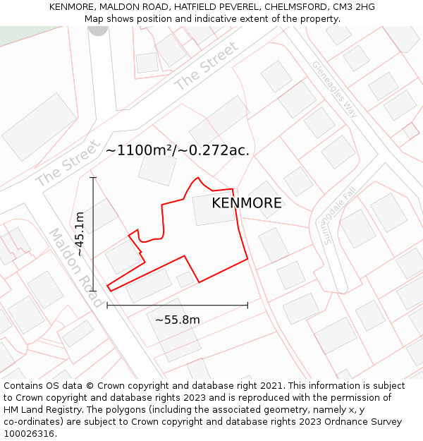 KENMORE, MALDON ROAD, HATFIELD PEVEREL, CHELMSFORD, CM3 2HG: Plot and title map