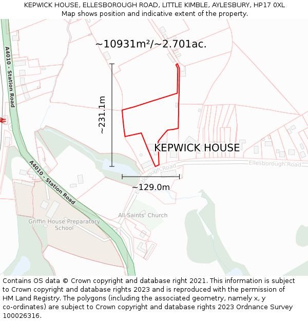 KEPWICK HOUSE, ELLESBOROUGH ROAD, LITTLE KIMBLE, AYLESBURY, HP17 0XL: Plot and title map