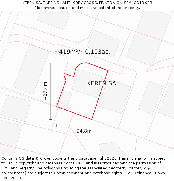 KEREN SA, TURPINS LANE, KIRBY CROSS, FRINTON-ON-SEA, CO13 0PB: Plot and title map